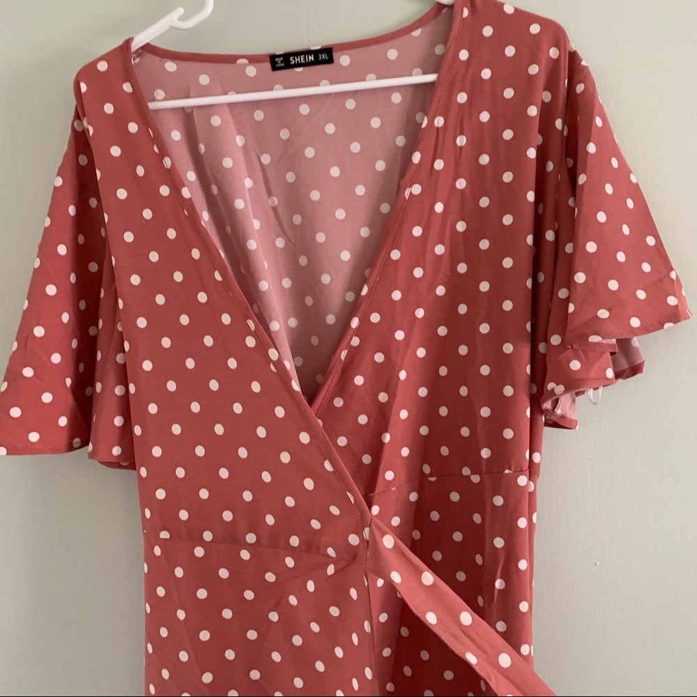 Rosy pink polka dot wrap midi dress